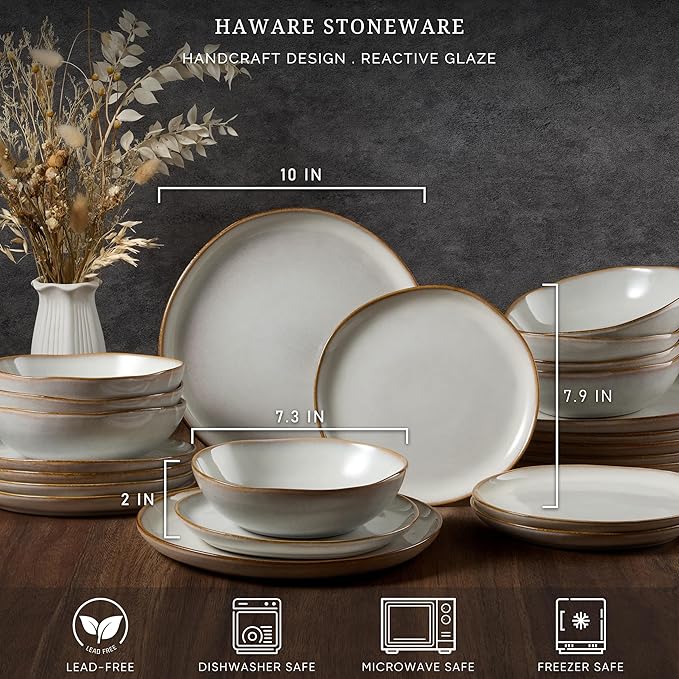 HaWare 12-Piece Dinnerware Sets, Stoneware Plates and Bowls Set for 4, Ceramic Dishware Dinner Set for Home Restaurant, Chip and Crack Resistant, Microwave and Dishwasher Safe, Reactive Pearl White