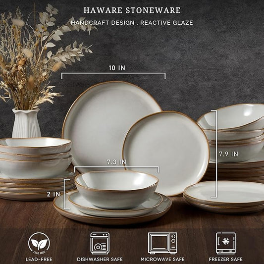 HaWare 12-Piece Dinnerware Sets, Stoneware Plates and Bowls Set for 4, Ceramic Dishware Dinner Set for Home Restaurant, Chip and Crack Resistant, Microwave and Dishwasher Safe, Reactive Pearl White