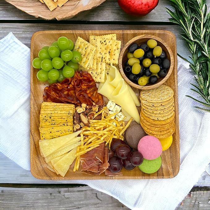 Wooden Plates Set of 4 – 12” Square Acacia Wood Dinner Plates & Wooden Charger Plates, Large Wood Chargers for Charcuterie, Steak, Entertaining & Holiday Table Settings