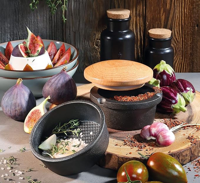 Zassenhaus Cast Iron Spice Grinder Set with Beech Wood Lid, Spice Mill, Herb and Seed Grinder, Black, XL, 5.4" Diameter