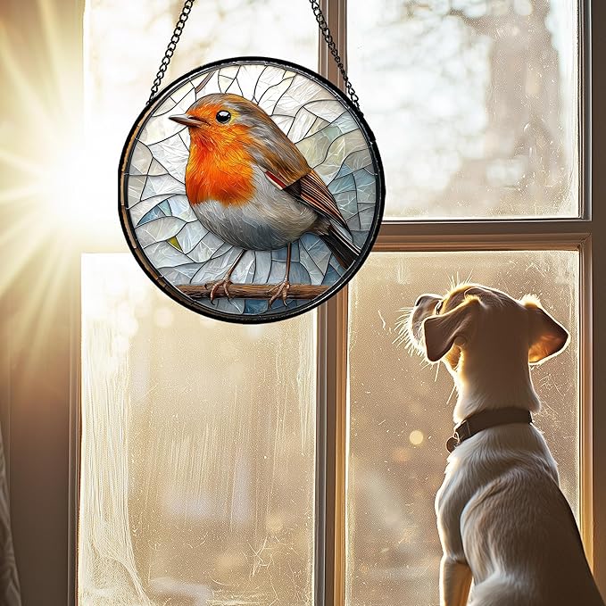 Stained Glass Window Hanging - Orange Grey Robin Sun Catcher for Door Garden Home Decor Bird Lovers Suncatcher Christmas Mother's Day Birthday Gifts for Women Men Mom Nana 15 in