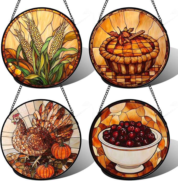 Stained Glass Window Hanging 4 Pcs Set Brown Turkey Berry Corn 6.3" - Suncatcher Door Garden Sun Catcher Decor Birthday Thanksgiving Mother's Day for Mom Woman Nana Men