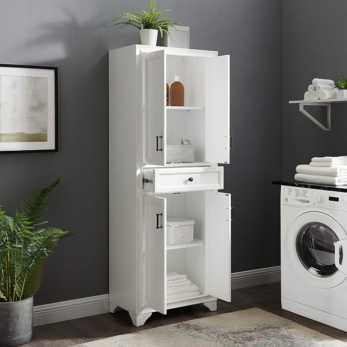Crosley Furniture Tara Pantry Storage Cabinet with Shelves, Kitchen, Dining, or Laundry Room, Distressed White