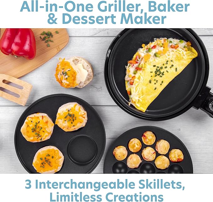 Multi Baker Deluxe- Holiday Baking Made Easy- Electric Appliance w Temp Control 3 Interchangeable Skillets for Grilling, Baking, Dessert Making- Grilled Cheese Omelets Pizza Sandwiches Cake Pops, Gift