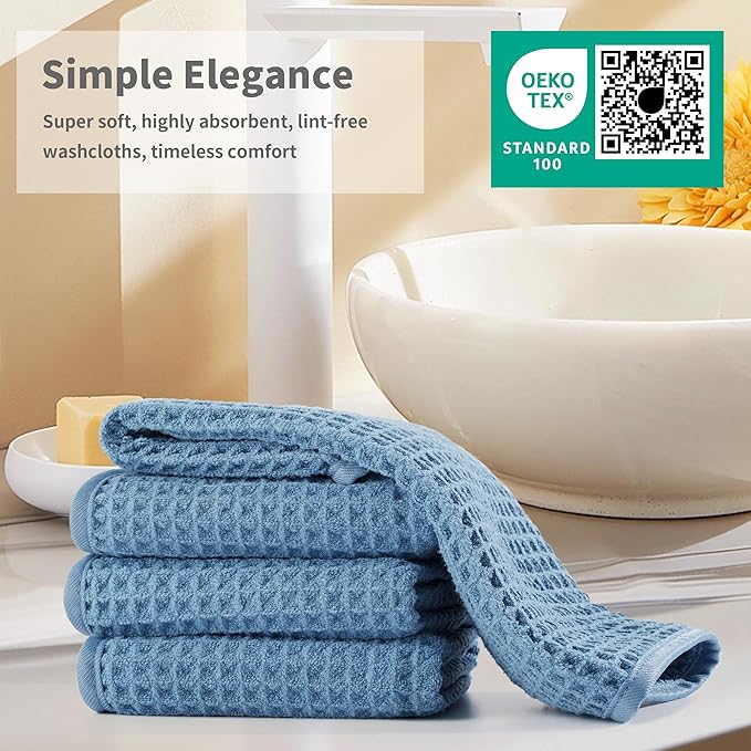 Microfiber Waffle Face Towels, 4 Pieces, Soft, Absorbent, Fast Drying, Lint Free (Blue)