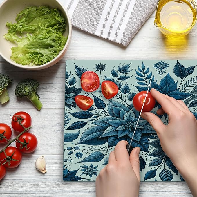 Ambesonne Christmas Cutting Board, Monochromatic Poinsettia Flowers Xmas Theme Illustration Print, Decorative Tempered Glass Cutting and Serving Board, Large Size, Night Blue and Dark Sky Blue