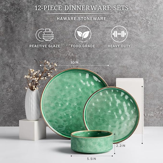 HaWare Dinnerware Sets, 12-Piece Plates and Bowls Set, Stoneware Dish Set for 4, Ceramic Dinnerware for Home Restaurant, Chip and Scratch Resistant, Microwave and Dishwasher Safe, Reactive Green