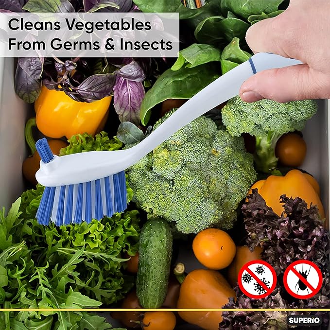 Dish Washing Scrubber Vegetable Brush - Blue / White 2 Sided Bristles - Long Handle With Rubber Grip Non Scratch Kitchen and Bath Cleaning By Superio