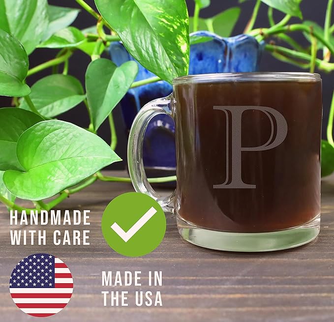 Spotted Dog Company Etched Monogram 12oz Clear Glass Coffee Mug (Letter P), A-Z Customized Coffee Gifts, Custom Engraved Gifts for Women Her, Personalized Gift for Men, Initial