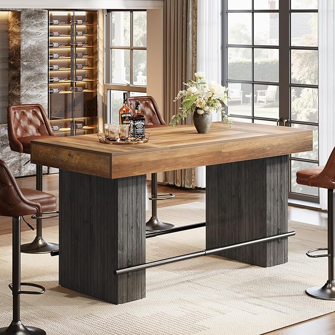 Tribesigns 62.2 Inch Bar Table, Industrial Counter Height Pub Dining Table, Rectangular Home Bar Units with Metal Footrest for Home Kitchen, Dining Room, Bistro