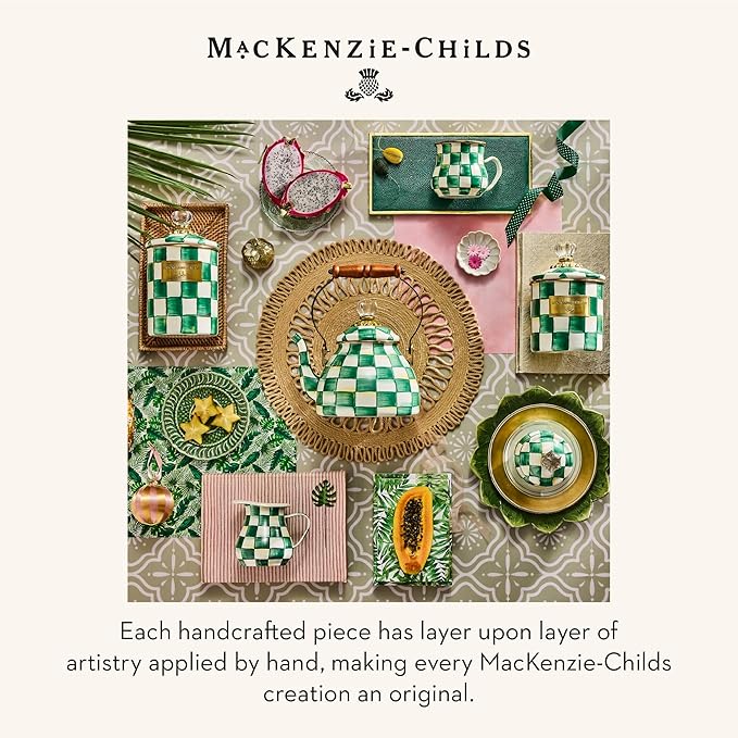 MACKENZIE-CHILDS Enamel Colander, Decorative Kitchen Strainer, Large, Green-and-White Emerald Check