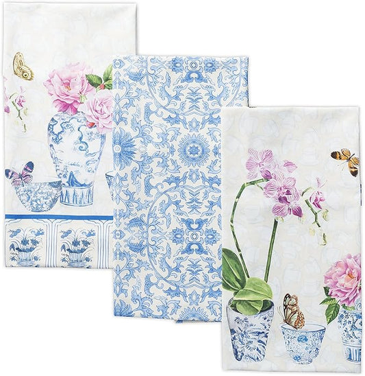 Maison d' Hermine Kitchen Towels Set of 3 100% Cotton 27.50" x 20" Reusable Cloth Tea Dish Towels Absorbent with Hanging Loop for Kitchen, Home, Dining, Cocktail Parties Spring/Summer (Canton)