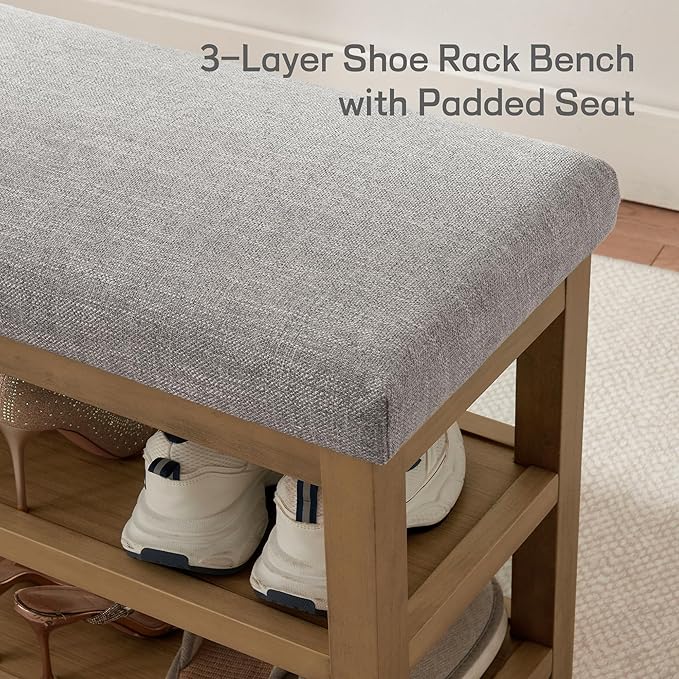 Shoe Rack Bench with Cushion, 2 Tier Solid Wood Storage Bench, Mid-Century Modern Shoe Bench for Entryway, Hallway, Closet, Front Door Entrance, Foyer (Grey, 46.5")
