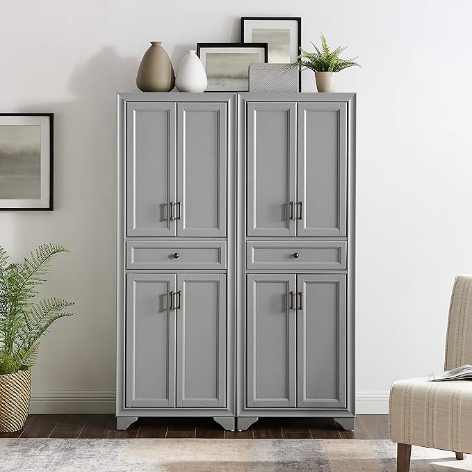 Crosley Furniture Tara 2-Piece Pantry Storage Cabinet Set with Shelves, Kitchen, Dining, or Laundry Room, Distressed Gray