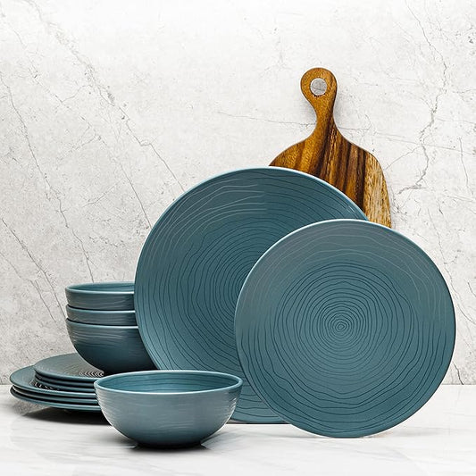 Bzyoo 12 Piece Melamine Dinnerware Set - Durable, Dishwasher Safe Plates and Bowls - Casual Dining, Parties, Blue Dish Set Organica Blue Collection