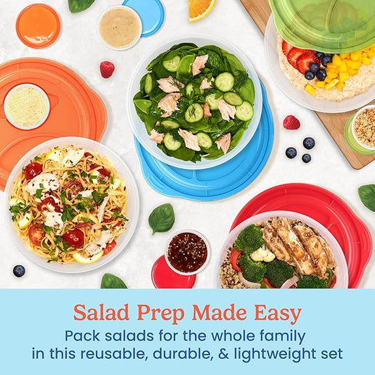 Bentgo Easyboxes Salad-to-Go Containers - 8-Piece Set: 4 Bowls, Leak-Proof Dressing Cups Built-In & 4 Fitted Lids Seal in Freshness; Reusable/BPA-Free for Salad, Pasta, & Cereal (Classic)