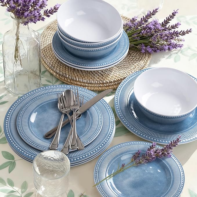 AELS Melamine Dinnerware Set of 12 Pcs, Dinner Dishes Set for Indoor and Outdoor Use, Melamine Plates and Bowls Set for 4, Dishwasher Safe, Lightweight Unbreakable, BPA Free, Soft Blue
