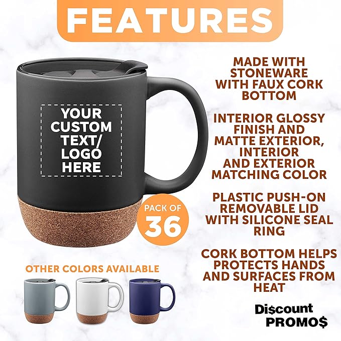 Custom Barista Ceramic Mugs with Cork Bottom 13 oz. Set of 36, Personalized Bulk Pack - Perfect for Coffee, Tea, Espresso, Hot Cocoa, Other Beverages - Black