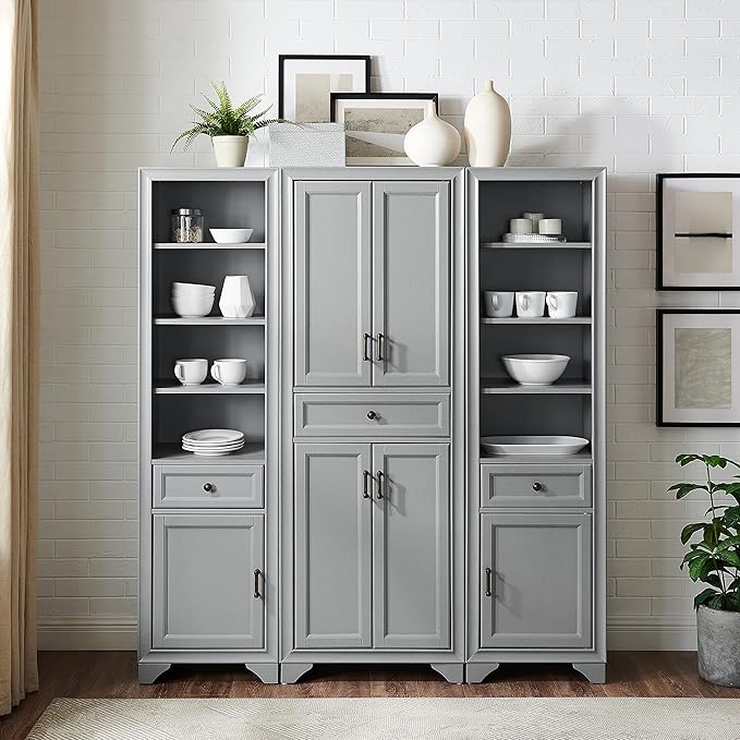 Crosley Furniture Tara 3-Piece Pantry Storage Cabinet Set with Shelves, Kitchen, Dining, or Laundry Room, Distressed Gray
