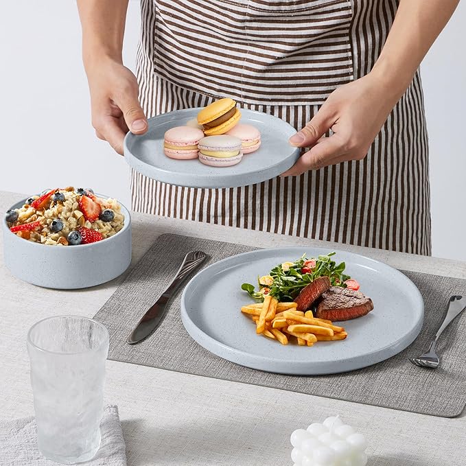 E-far Stoneware Dinnerware Sets, 12-Piece Plates and Bowls Dish Set for 4, Kitchen Modern Dinning Ware, Chip and Scratch Resistant, Microwave & Dishwasher Safe, Speckled Gray