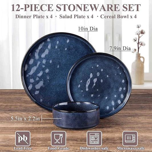 Herogo 12 Pieces Dinnerware Sets, Plates and Bowls Sets Service for 4, Modern Stoneware Dining Dishes, Dishwasher & Microwave Safe, Starry Blue
