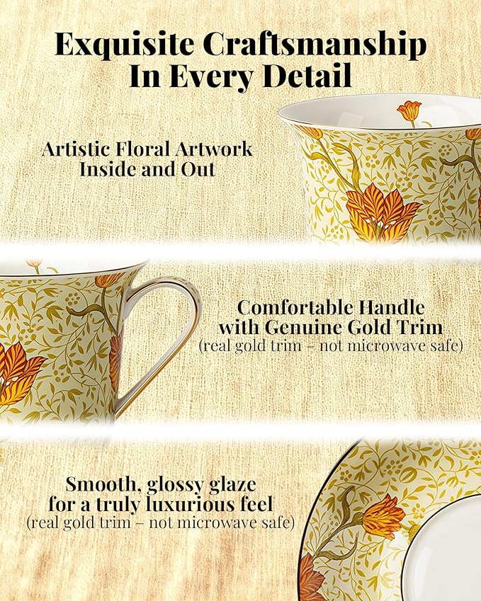 Exquisite Bone China Tea Cups and Saucer Set – Elegant Porcelain Tea Cups, Beautifully Detailed for Tea Lovers, Gift-Ready for Christmas, Hostess, Holiday Gift & Fall Decor