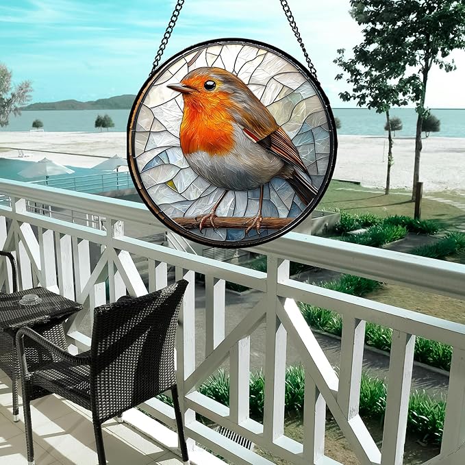 Stained Glass Window Hanging - Orange Grey Robin Sun Catcher for Door Garden Home Decor Bird Lovers Suncatcher Christmas Mother's Day Birthday Gifts for Women Men Mom Nana 6.3 in