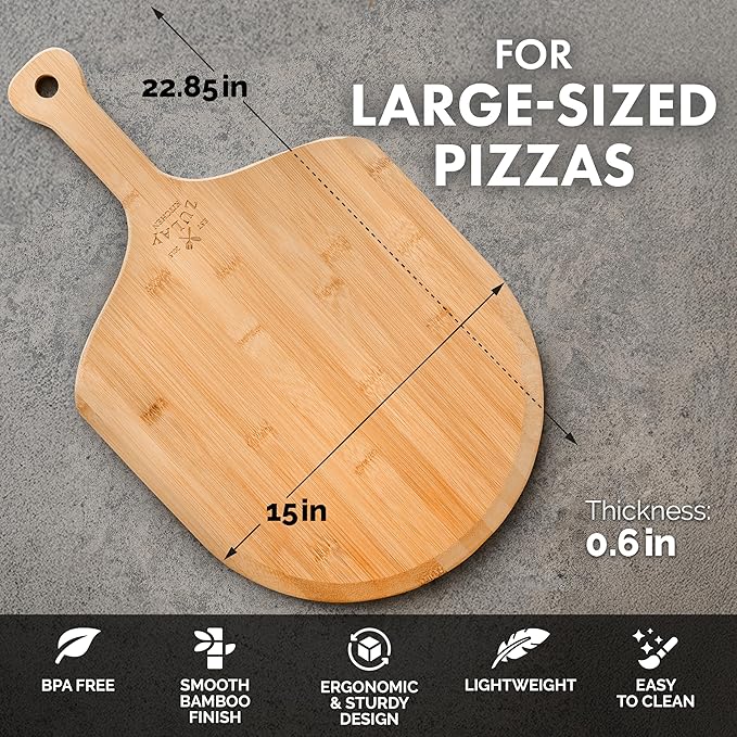 Zulay Kitchen Bamboo Pizza Peel – Large 15” Wooden Pizza Paddle with Long Handle – Easy-Glide Beveled Edge for Baking, Transferring & Serving – Durable Pizza Board for Oven, Stone & Grill
