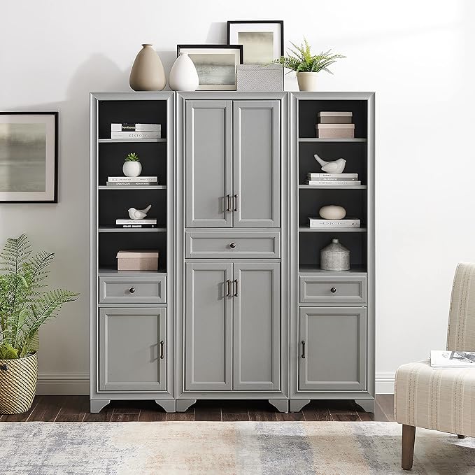 Crosley Furniture Tara 3-Piece Pantry Storage Cabinet Set with Shelves, Kitchen, Dining, or Laundry Room, Distressed Gray