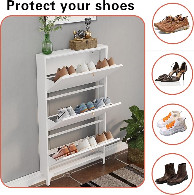 Shoe Cabinet with 3 Flip Drawers, Narrow Shoe Storage Cabinet, Farmhouse Shoe Organizer, Freestanding Organizer with Metal Legs for Entryway, Foyer (3 Door, White)