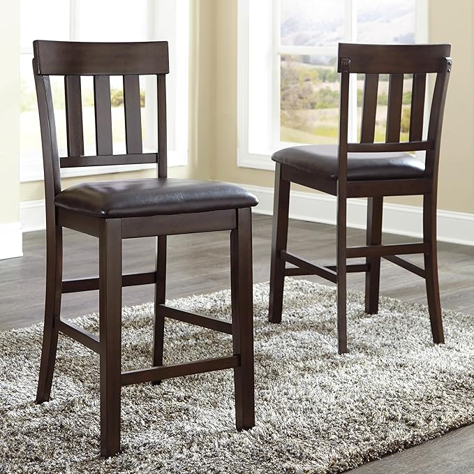 Signature Design by Ashley Haddigan Upholstered Barstool, 2 Count, Slat Back Design, Cushioned Seat, Wood, 25.5" H, Dark Brown