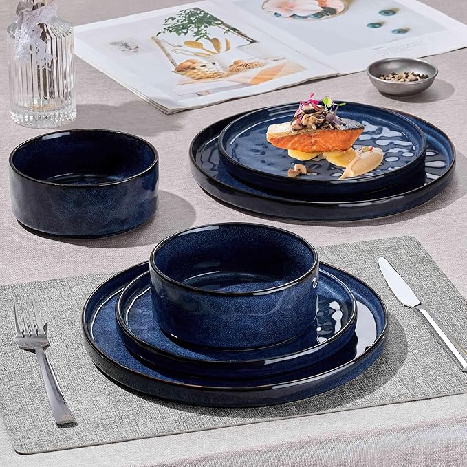 Herogo 24 Pieces Dinnerware Sets for 8, Plates and Bowls Sets for Home Serving, Stoneware Dining Dishes, Dishwasher & Microwave Safe, Starry Blue