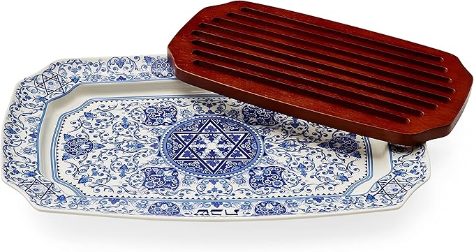 Spode Judaica Collection Challah Tray with Wood Insert - 17.5 Inch Blue & White Porcelain Shabbat Serving Piece, Traditional Judaic Tile Design, Removable Cutting Board Frame
