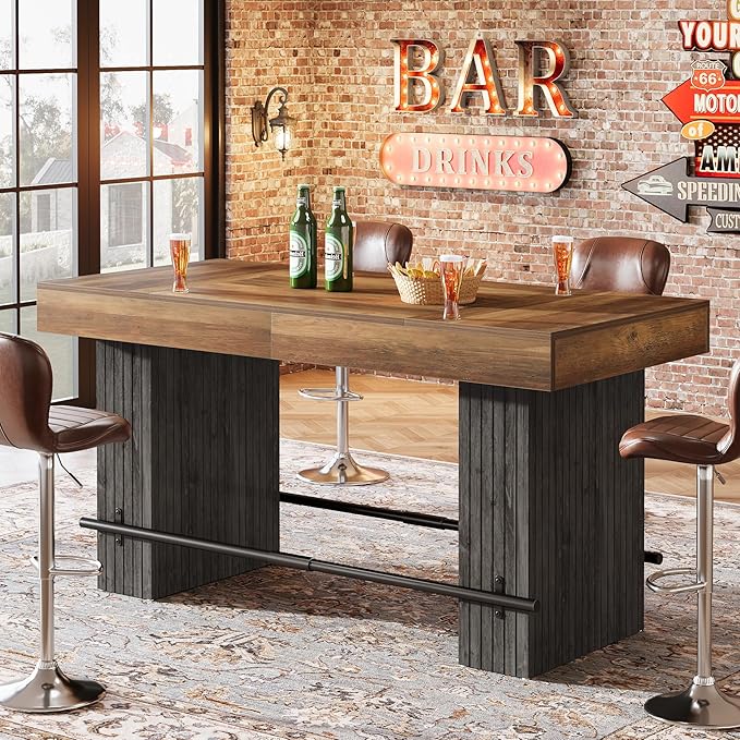 Tribesigns 62.2 Inch Bar Table, Industrial Counter Height Pub Dining Table, Rectangular Home Bar Units with Metal Footrest for Home Kitchen, Dining Room, Bistro
