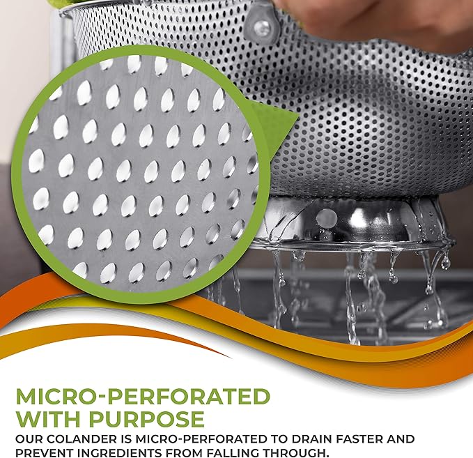 LiveFresh Stainless Steel Micro-Perforated 5-Quart Colander - Professional Strainer with Heavy Duty Handles and Self-draining Solid Ring Base - Dishwasher Safe