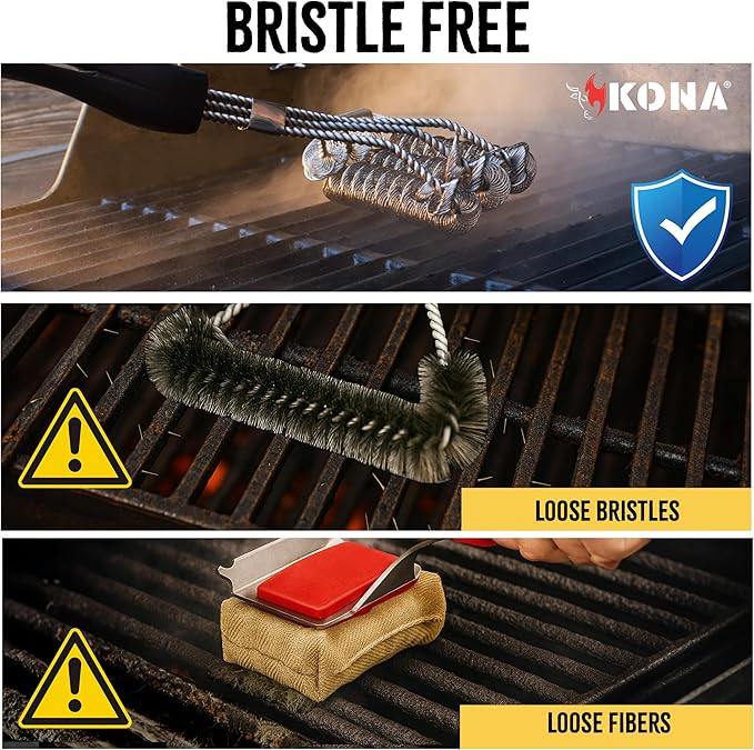 Kona Safe/Clean Grill Brush - Bristle Free BBQ Grill Brush for Outdoor Grill- 100% Rust Resistant Stainless Steel Barbecue Grill Cleaner - Safe for Porcelain, Ceramic, Steel, Cast Iron, Grilling Gift
