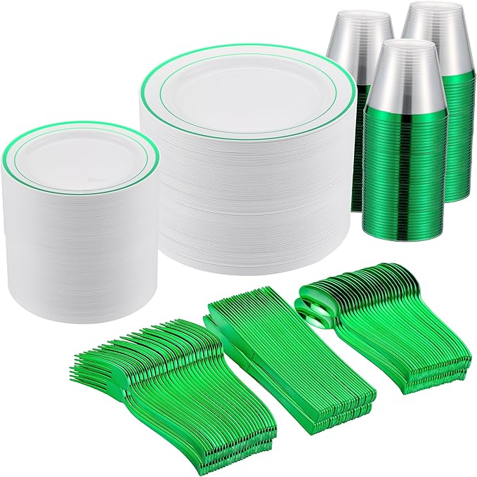 300PCS Christmas Plates Disposable, Green Plastic Dinnerware Set for 50 Guests, Green Christmas Party Plates-50 Dinner Platos,50 Dessert Platos,50 Silverware Set,50 Cups