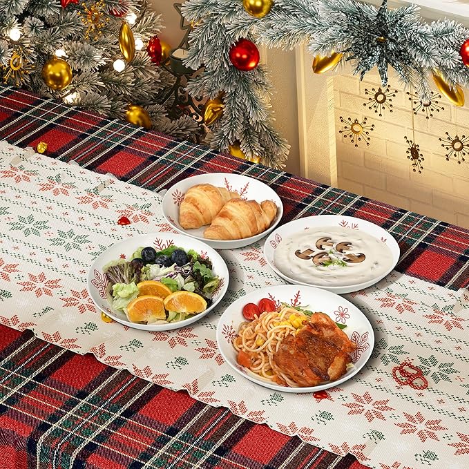 Ollieroo 4 Pieces Ceramic Christmas Pasta Bowls Set, 8 Inch 26oz White Red Snowflake Xmas Holiday Porcelain Wide and Shallow Salad Serving Bowls Plates, Microwave and Dishwasher Safe