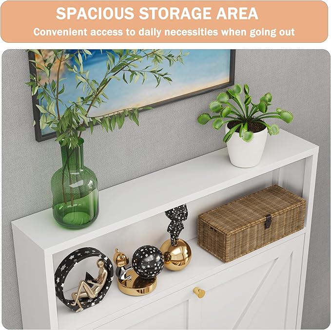 Shoe Cabinet with 2 Flip Drawers, Narrow Shoe Storage Cabinet, Farmhouse Shoe Organizer, Freestanding Organizer with Metal Legs for Entryway, Foyer (2 Door, White)
