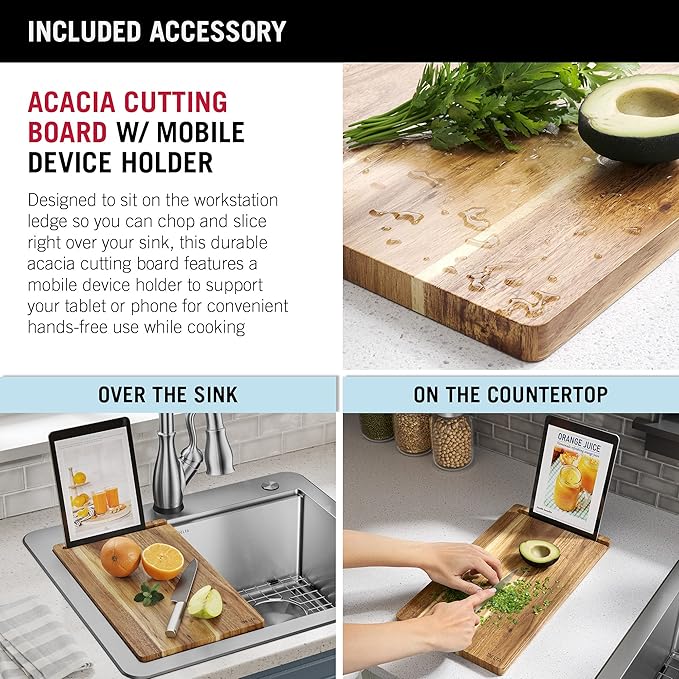 DELTA FAUCET 95A932-25S-SS Lorelai Workstation Kitchen Sink Drop-in Top Mount Stainless Steel Single Bowl with WorkFlow Ledge and Chef’s Kit of 5 Accessories
