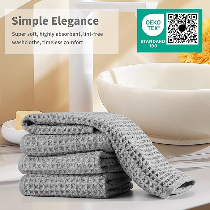 Microfiber Waffle Face Towels, 4 Pieces, Soft, Absorbent, Fast Drying, Lint Free (Silver)