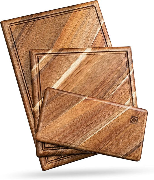 Chorus Wood Cutting Board Set with Juice Groove (3 Pieces) - Acacia Wood Kitchen Cutting Boards, Chopping Board for Meat (Butcher Block), Vegetables, Cheese - 100% Natural Hardwood