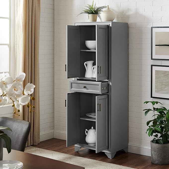 Crosley Furniture Tara Pantry Storage Cabinet with Shelves, Kitchen, Dining, or Laundry Room, Distressed Gray