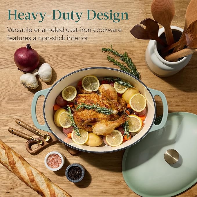 Best Choice Products Oval 7.5 Quart Enamel Cast-Iron Dutch Oven, Heavy-Duty Pre-Seasoned for Baking, Cooking w/Side Handles – Sage Green