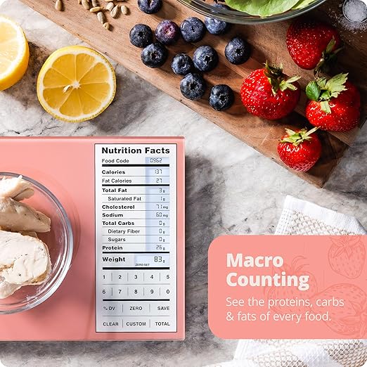 Greater Goods Digital Nutrition Scale – Accurate Macro and Calorie Tracking for Meal Prep, Weight Loss, and Healthy Eating | 2,000 Built-in Foods, Intuitive Nutrition Label Display, 11lb Cap, Pink