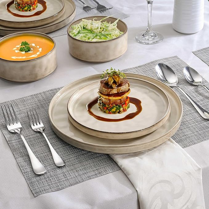 LIANYU 18 Piece Dinnerware Sets for 6, Stoneware Plates and Bowls Dish Set, Ceramic Dinner Ware Dishware for Kitchen Dining, Microwave & Dishwasher Safe, Three-Color