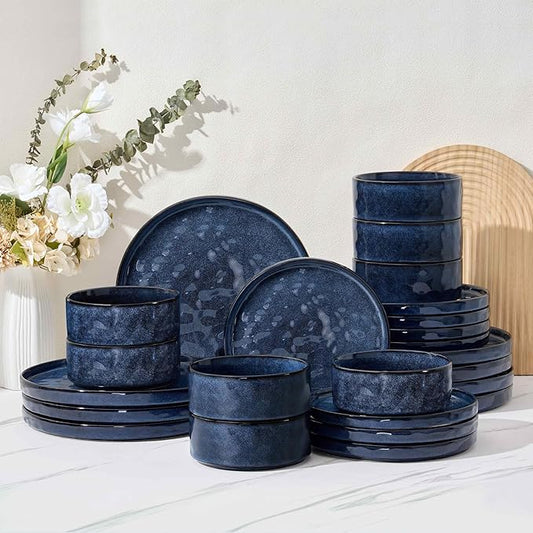 Herogo 24 Pieces Dinnerware Sets for 8, Plates and Bowls Sets for Home Serving, Stoneware Dining Dishes, Dishwasher & Microwave Safe, Starry Blue