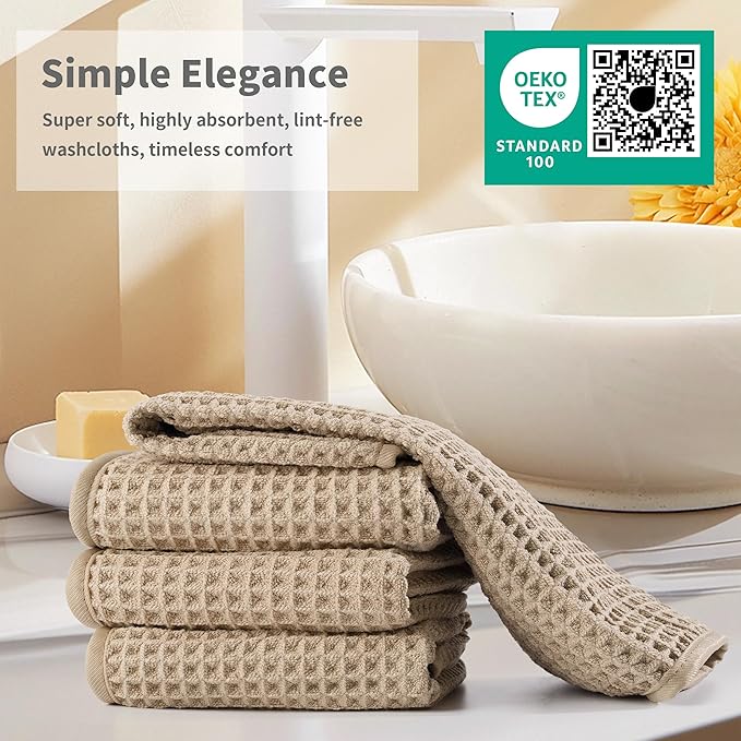 Microfiber Waffle Face Towels, 4 Pieces, Soft, Absorbent, Fast Drying, Lint Free (Beige)