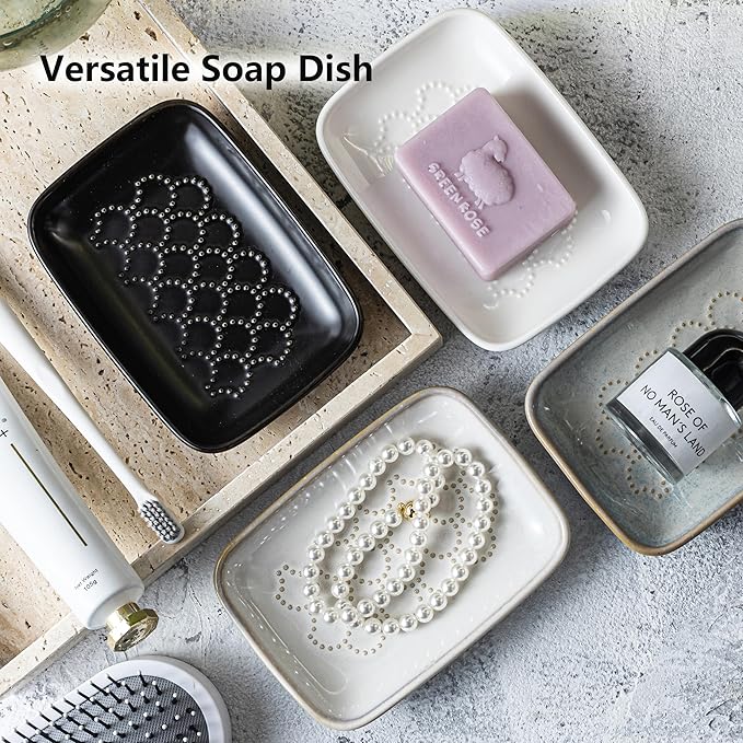 Gomakren Soap Dish for Shower, Christmas Ceramic Soap Dishes for Bar Soap Sponge, Shower Soap Holder Saver Tray for Bathroom Kitchen Sink, Easy to Clean, White