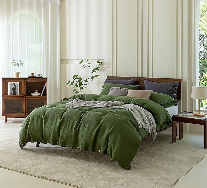 EVERLY 100% Pure Linen Duvet Cover Set Queen Size90X90Inch 3pcs (1 Duvet Cover,2 Pillowcases) Soft and Breathable for All Season with Coconut Button Closure, Suitable for Hot Sleepers-Mossy Green